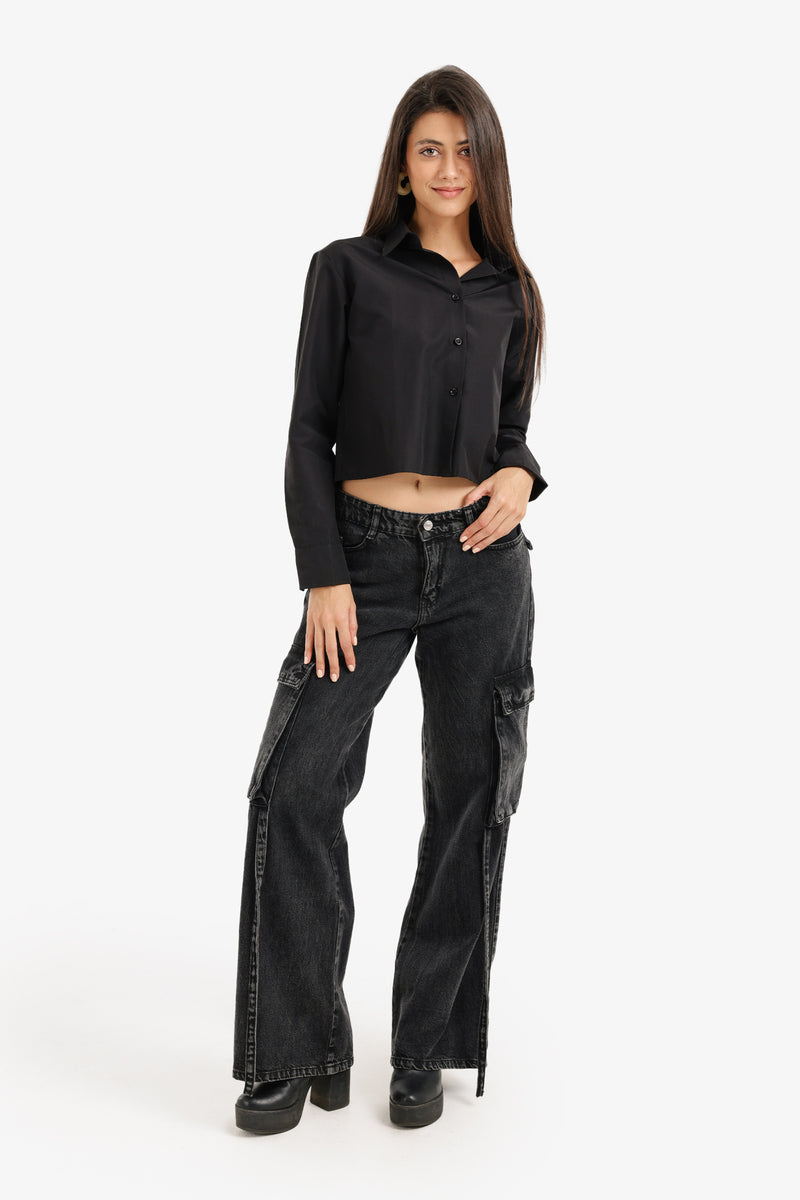 Cotton Cropped Button-Up Shirt – Black