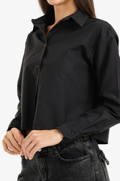 Cotton Cropped Button-Up Shirt – Black