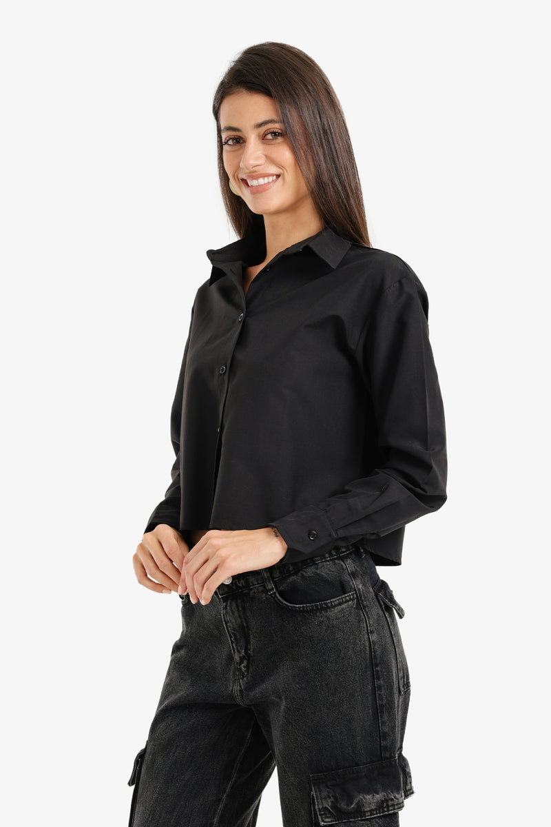 Cotton Cropped Button-Up Shirt – Black