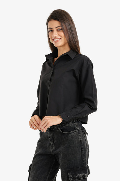 Cotton Cropped Button-Up Shirt – Black