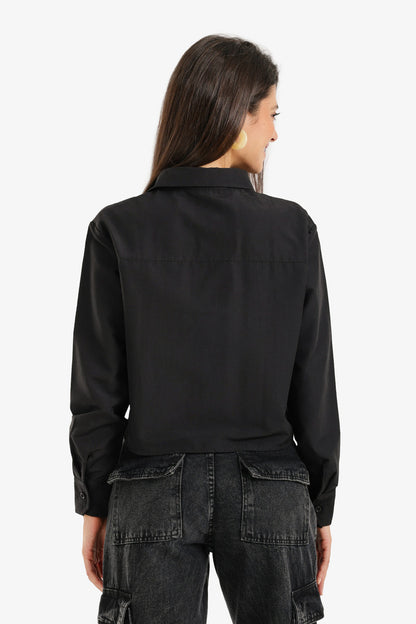 Cotton Cropped Button-Up Shirt – Black