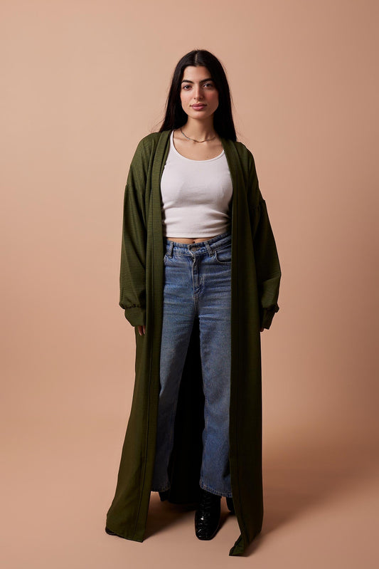 Long Puff-Sleeve Cardigan with Belt & Pockets - Olive