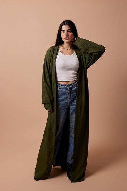 Long Puff-Sleeve Cardigan with Belt & Pockets - Olive