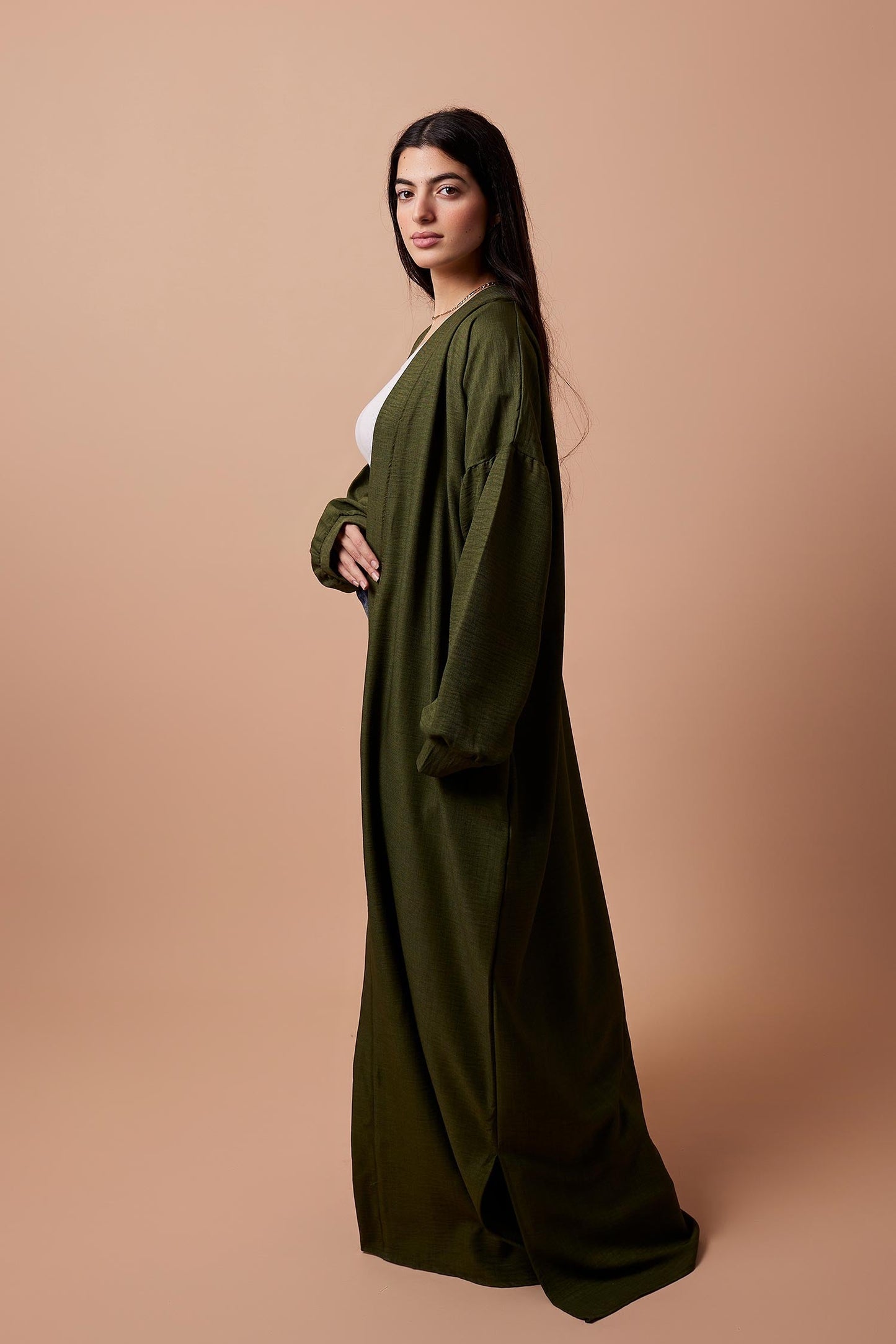 Long Puff-Sleeve Cardigan with Belt & Pockets - Olive