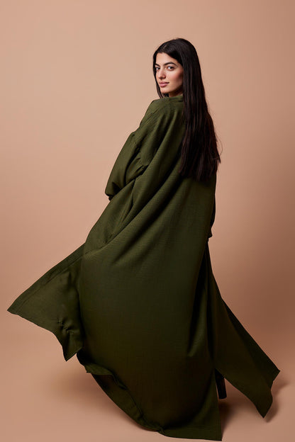 Long Puff-Sleeve Cardigan with Belt & Pockets - Olive