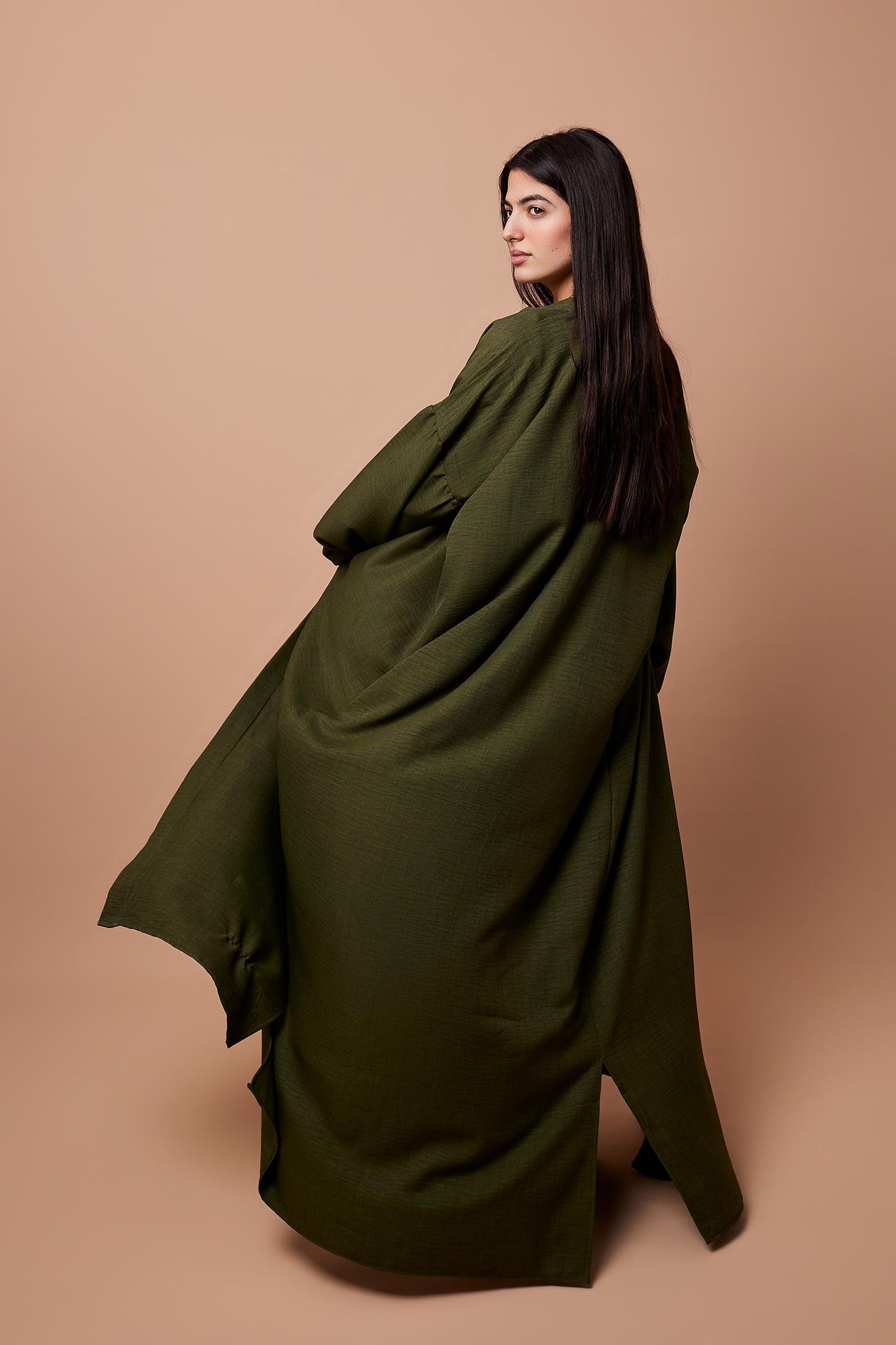 Long Puff-Sleeve Cardigan with Belt & Pockets - Olive