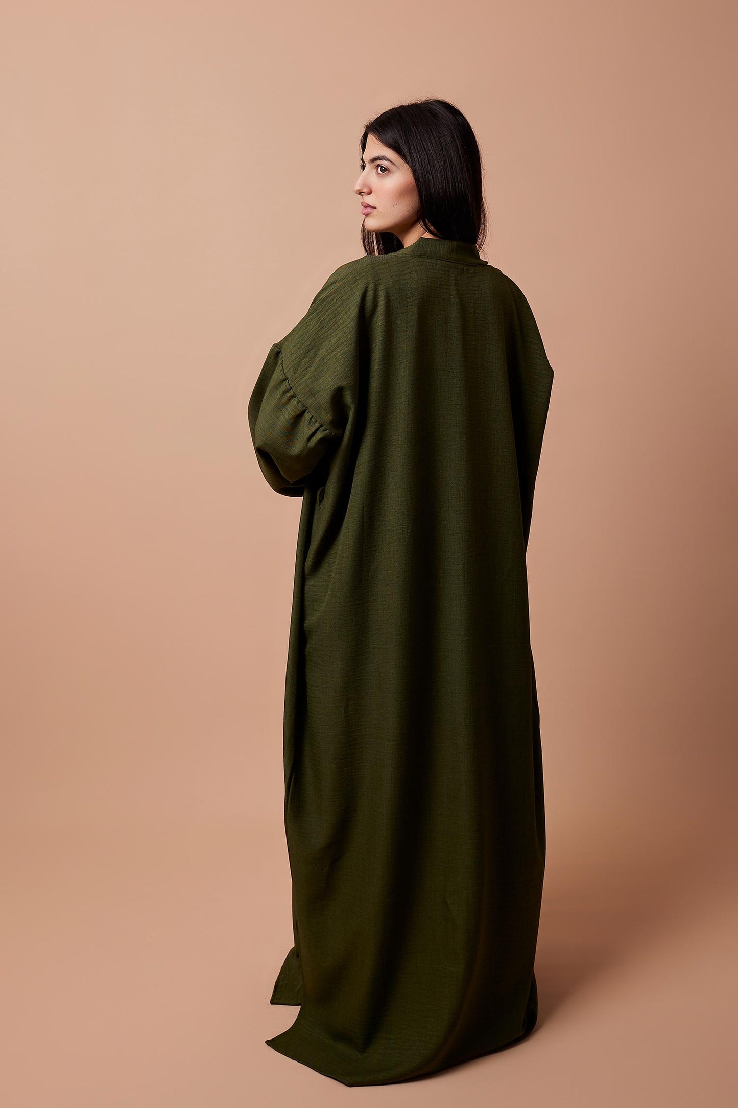 Long Puff-Sleeve Cardigan with Belt & Pockets - Olive
