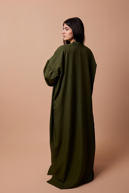 Long Puff-Sleeve Cardigan with Belt & Pockets - Olive