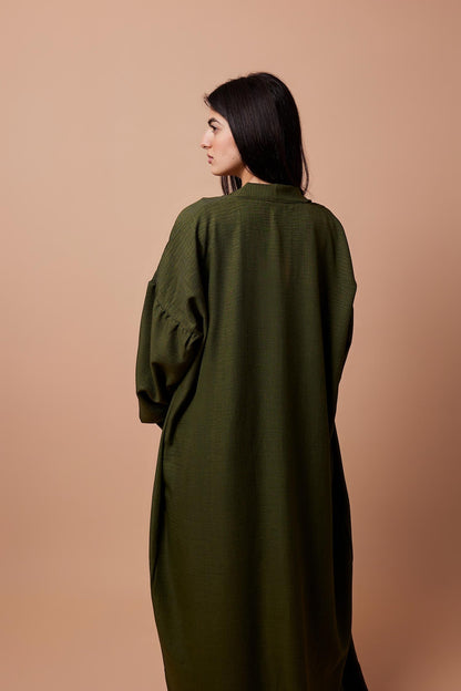 Long Puff-Sleeve Cardigan with Belt & Pockets - Olive