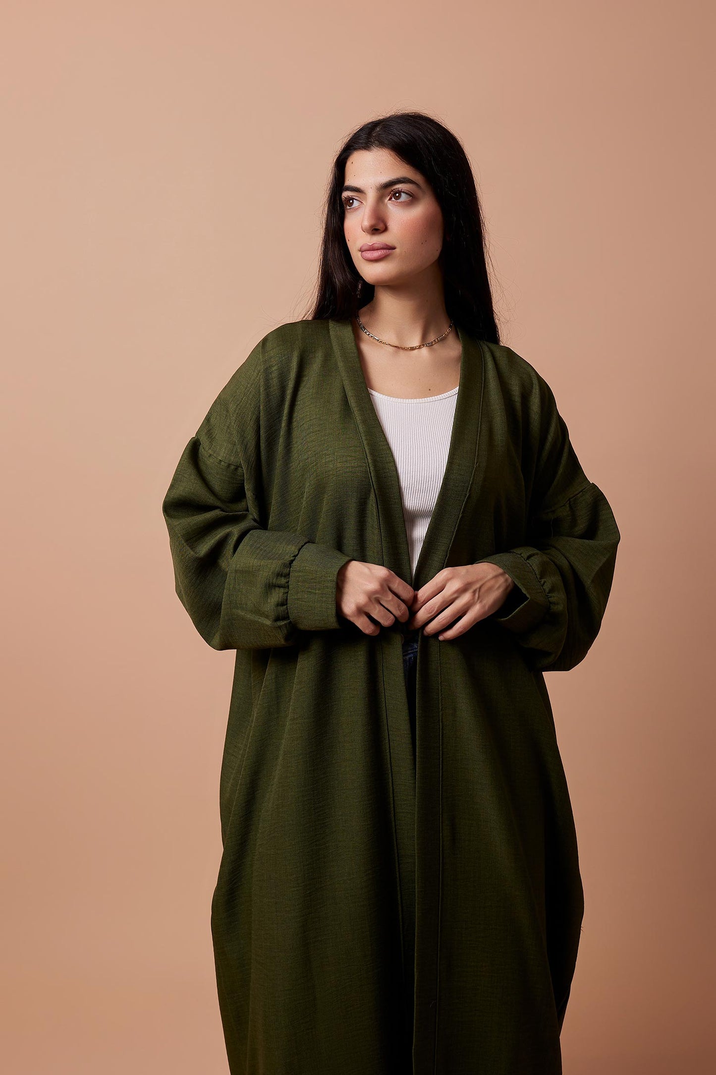 Long Puff-Sleeve Cardigan with Belt & Pockets - Olive
