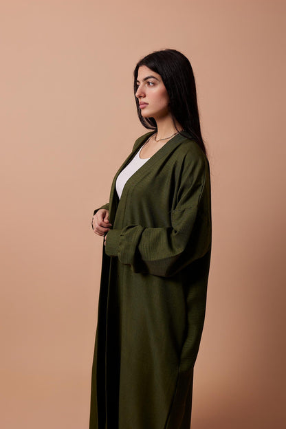 Long Puff-Sleeve Cardigan with Belt & Pockets - Olive