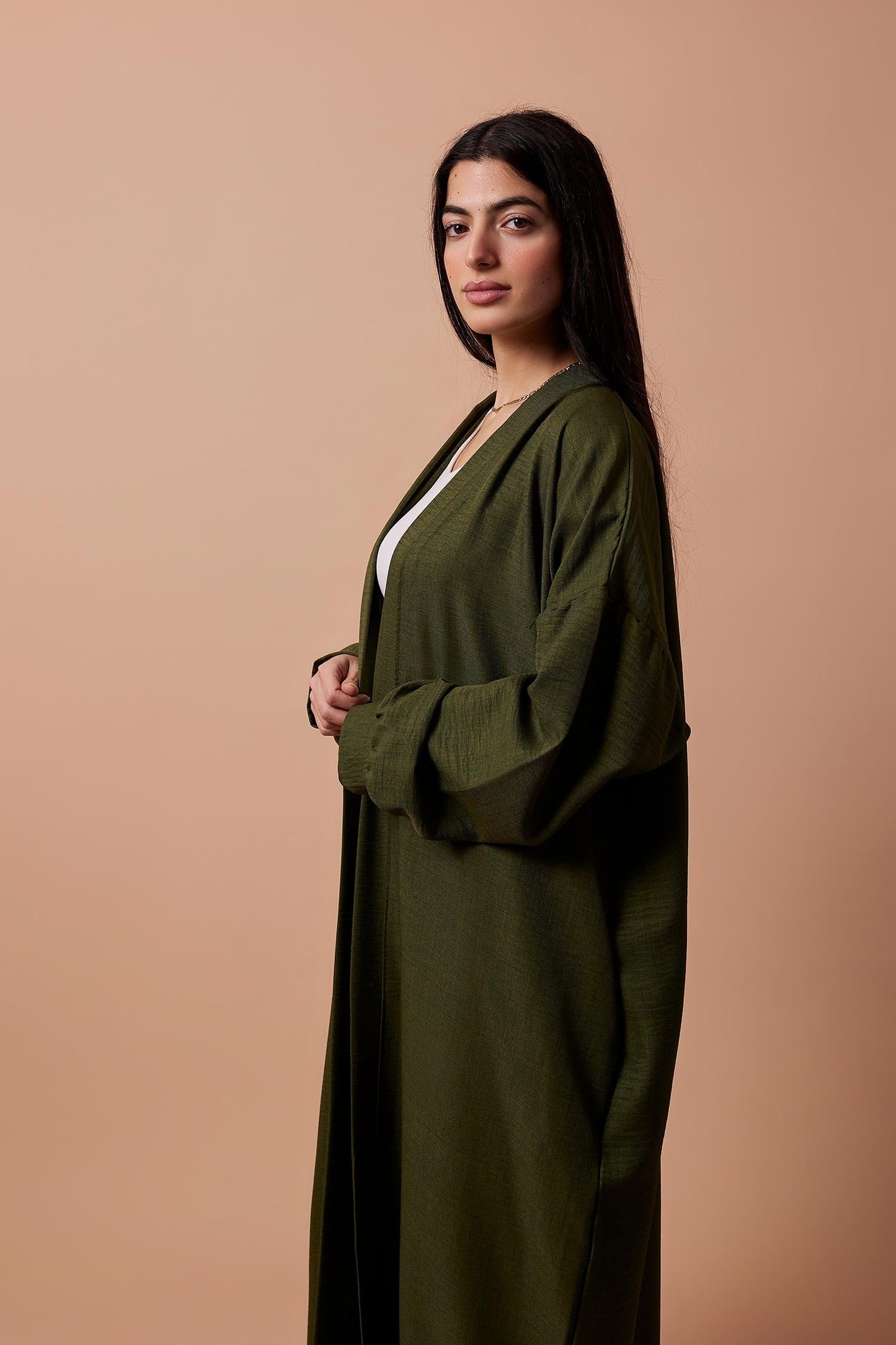 Long Puff-Sleeve Cardigan with Belt & Pockets - Olive