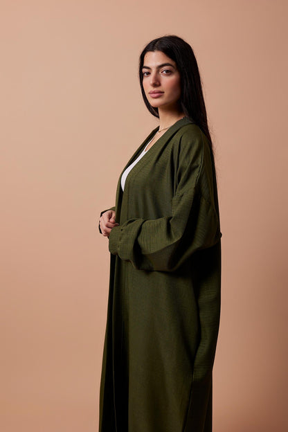 Long Puff-Sleeve Cardigan with Belt & Pockets - Olive