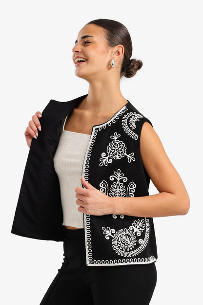 Tencel Embroidered Open Vest – Black & White