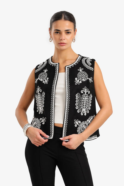 Tencel Embroidered Open Vest – Black & White