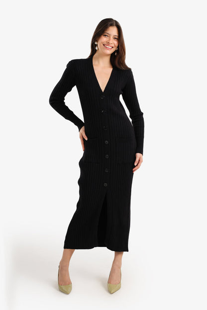 Polyamide Blend Ribbed Button-Up Midi Dress – Black