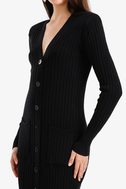 Polyamide Blend Ribbed Button-Up Midi Dress – Black