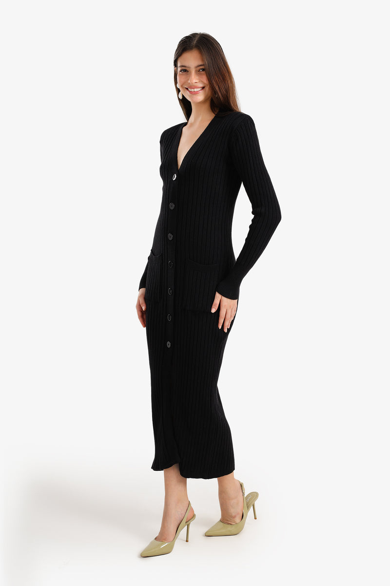 Polyamide Blend Ribbed Button-Up Midi Dress – Black