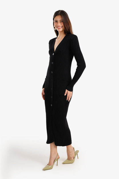 Polyamide Blend Ribbed Button-Up Midi Dress – Black