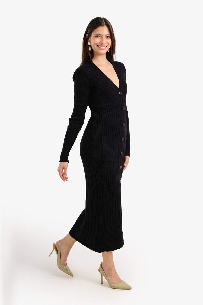 Polyamide Blend Ribbed Button-Up Midi Dress – Black