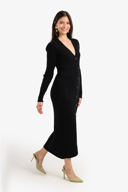Polyamide Blend Ribbed Button-Up Midi Dress – Black
