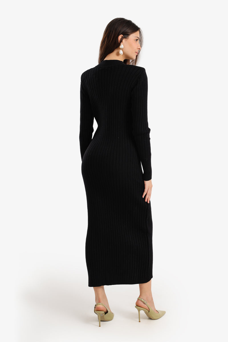 Polyamide Blend Ribbed Button-Up Midi Dress – Black
