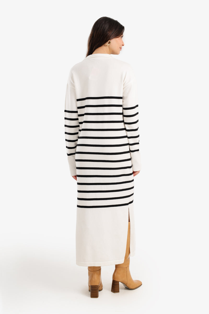 Viscose Striped Knit Midi Dress – Off White