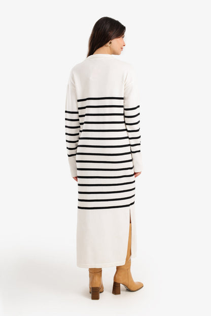 Viscose Striped Knit Midi Dress – Off White