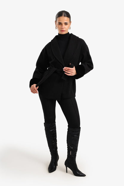 Wool Faux Fur Cuff Wrap Jacket – Black