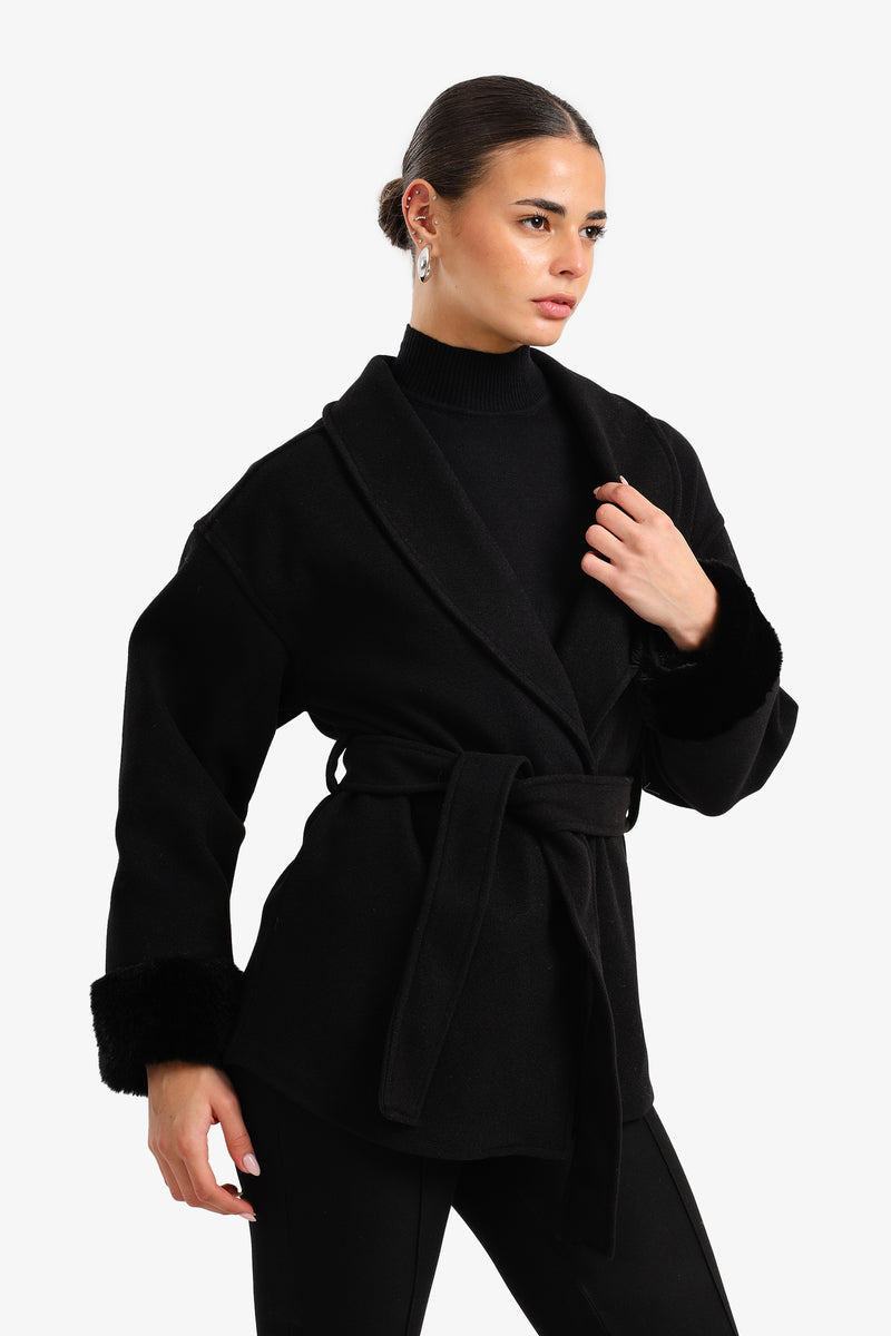 Wool Faux Fur Cuff Wrap Jacket – Black