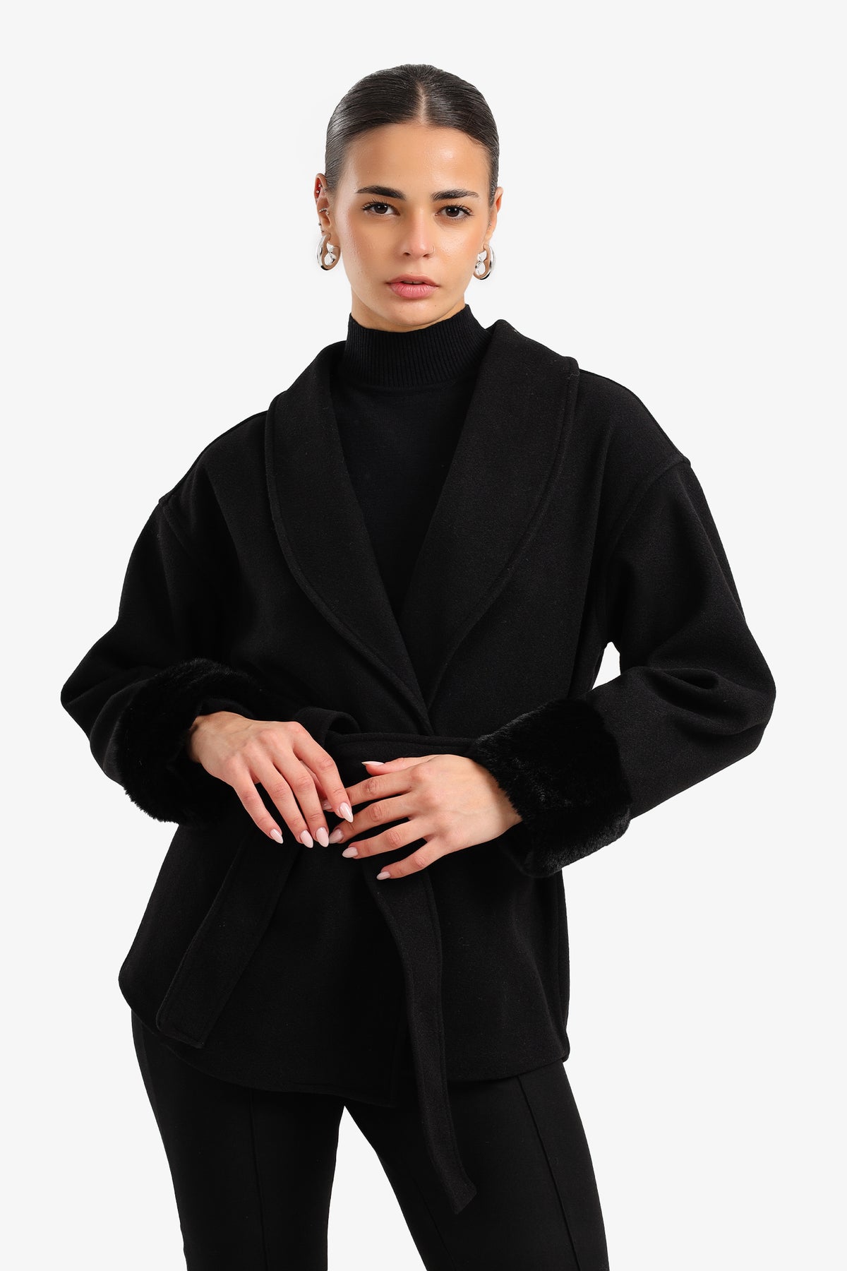 Wool Faux Fur Cuff Wrap Jacket – Black