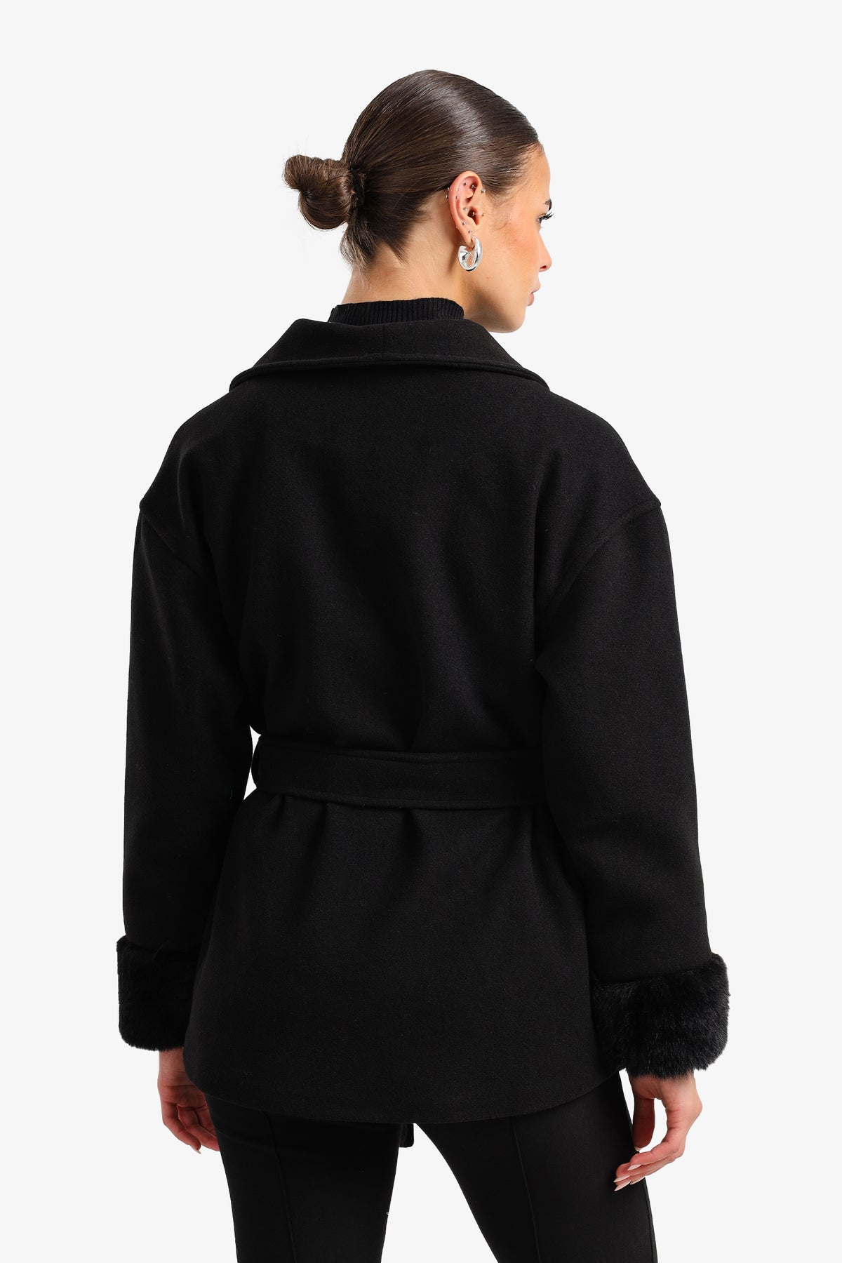 Wool Faux Fur Cuff Wrap Jacket – Black