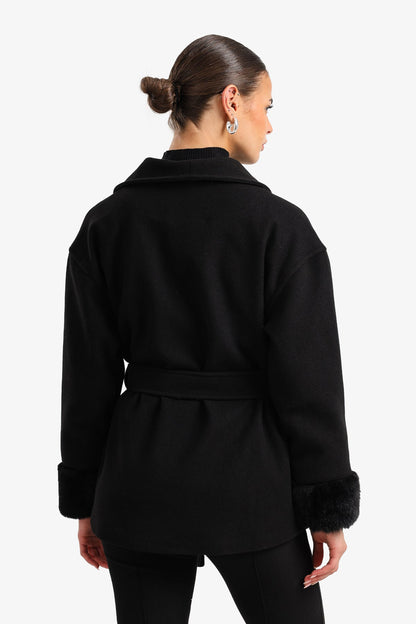 Wool Faux Fur Cuff Wrap Jacket – Black