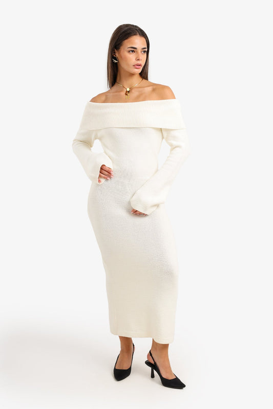 Wool Off-Shoulder Maxi Dress – Off White