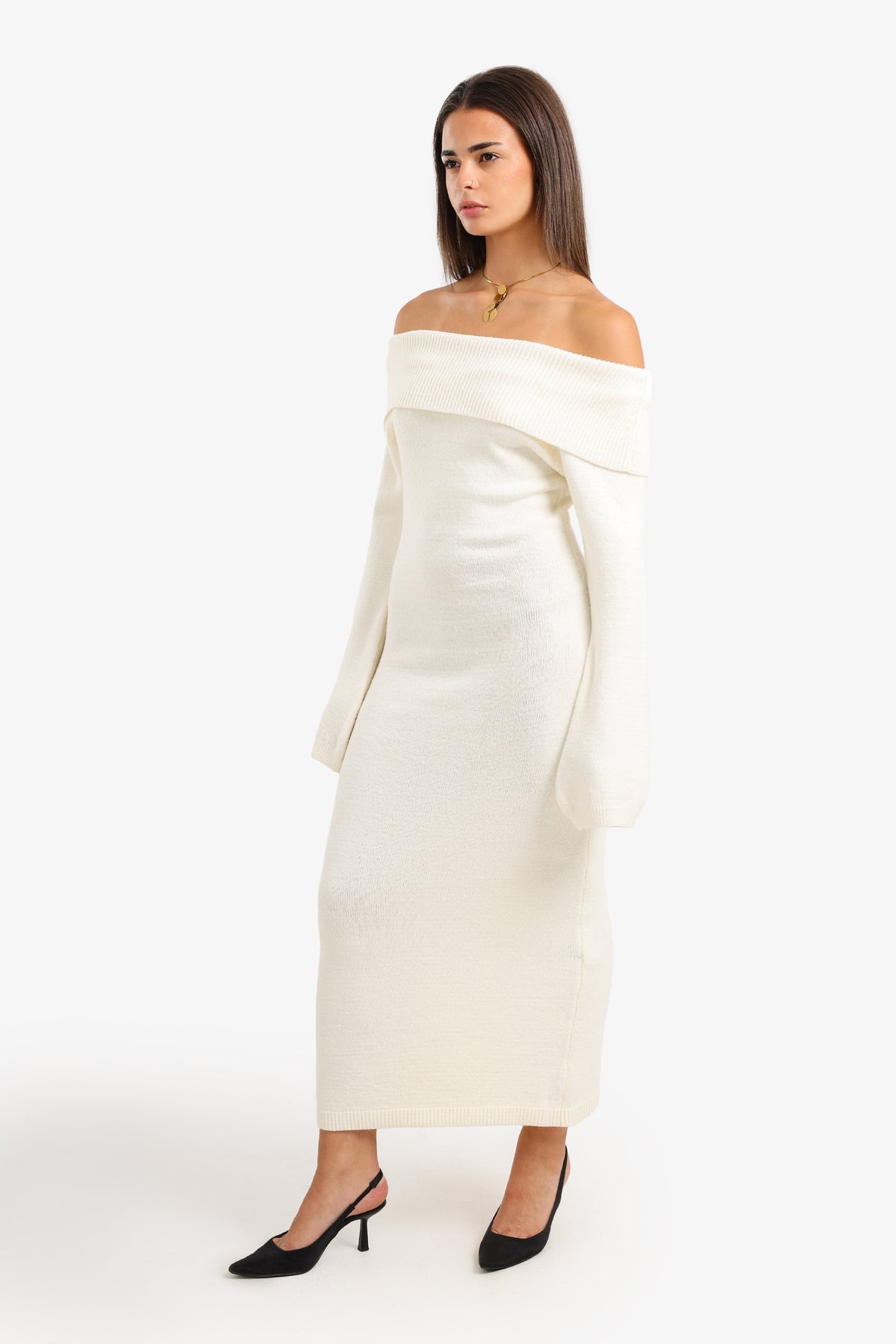 Wool Off-Shoulder Maxi Dress – Off White