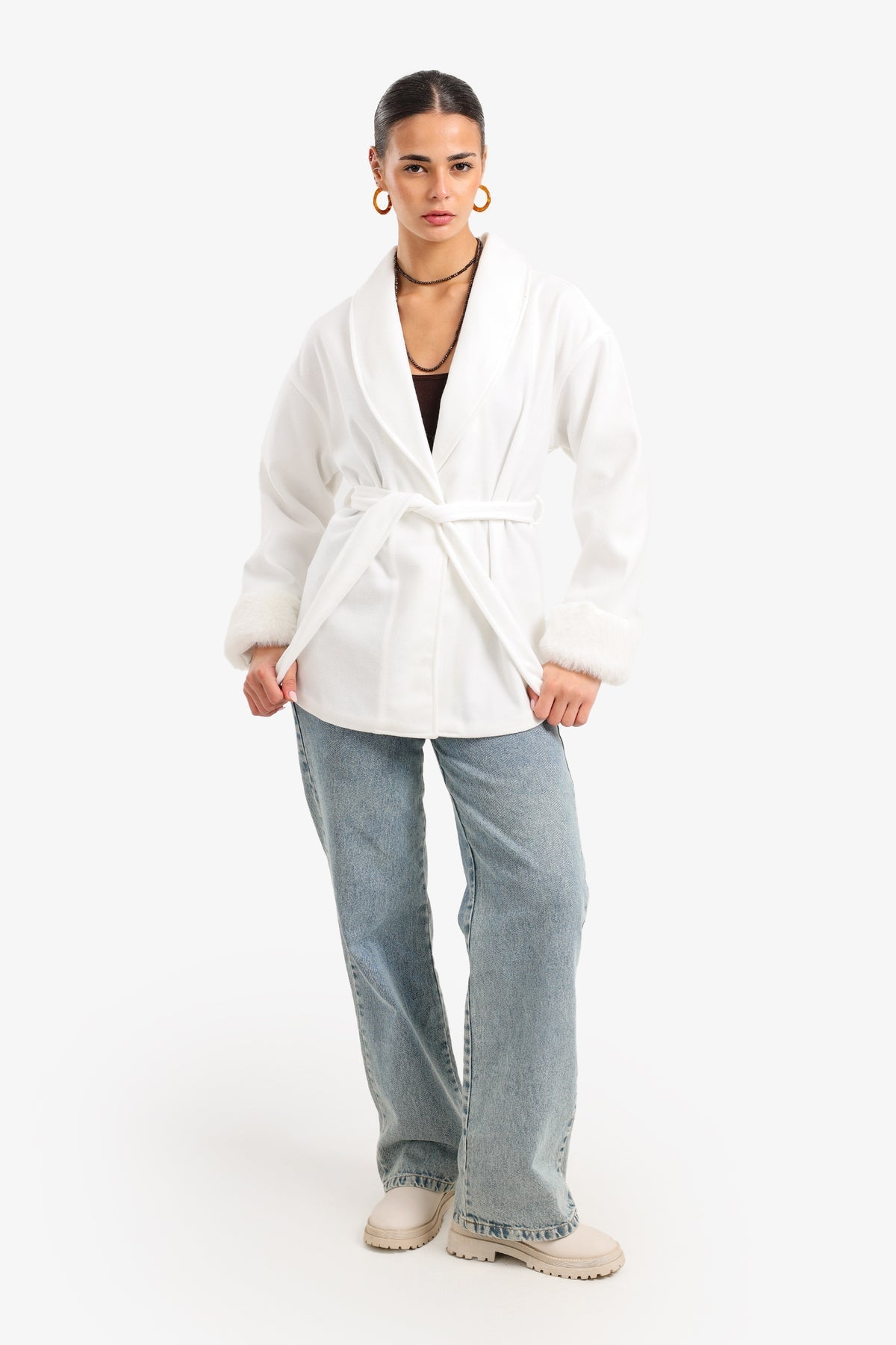 Wool Faux Fur Cuff Wrap Jacket – Off White
