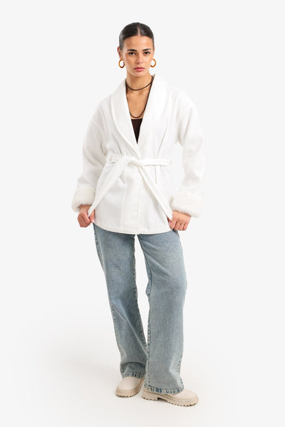 Wool Faux Fur Cuff Wrap Jacket – Off White