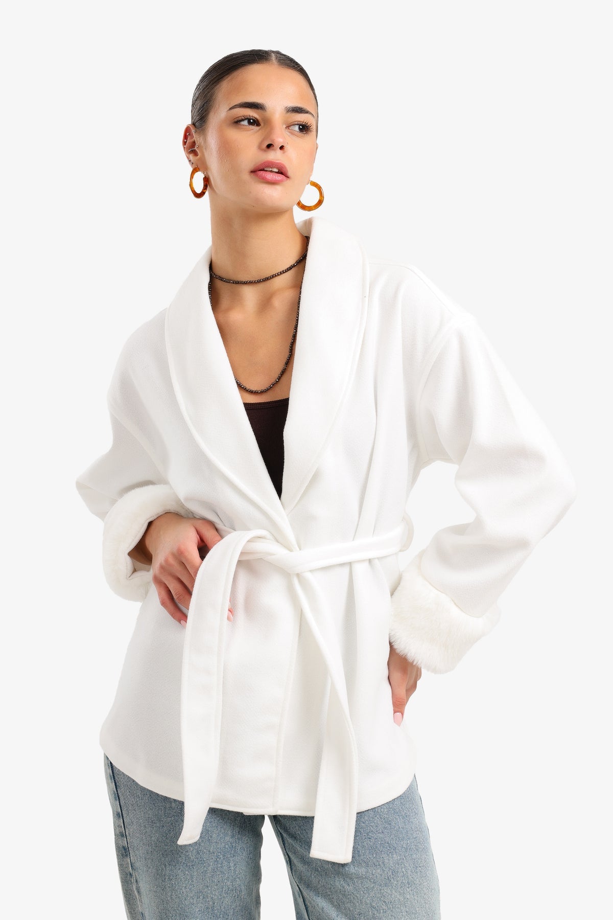 Wool Faux Fur Cuff Wrap Jacket – Off White