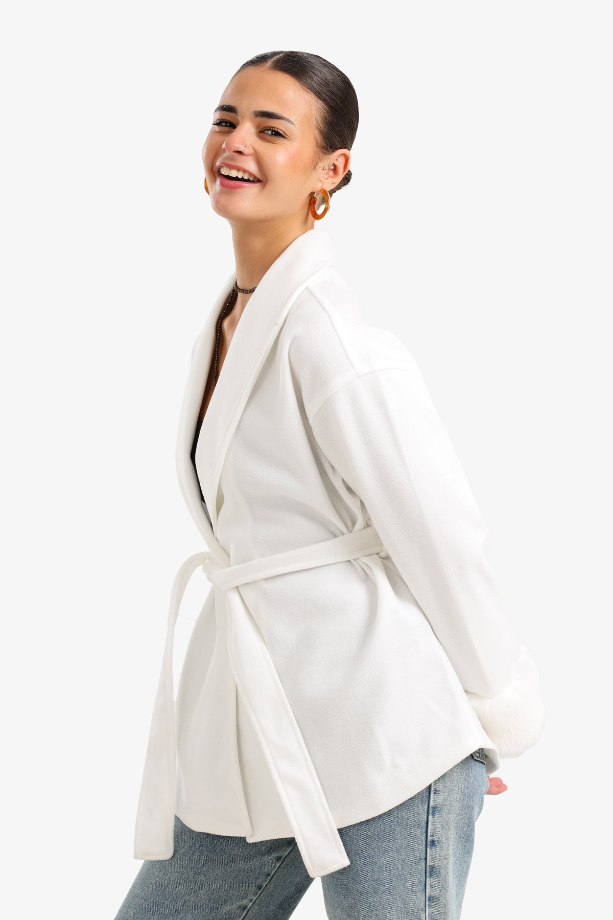 Wool Faux Fur Cuff Wrap Jacket – Off White