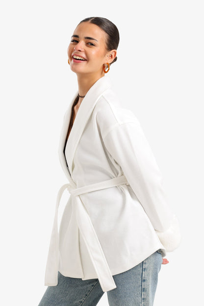 Wool Faux Fur Cuff Wrap Jacket – Off White
