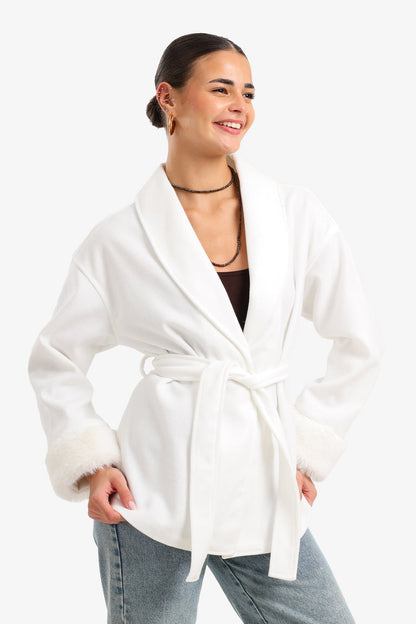 Wool Faux Fur Cuff Wrap Jacket – Off White