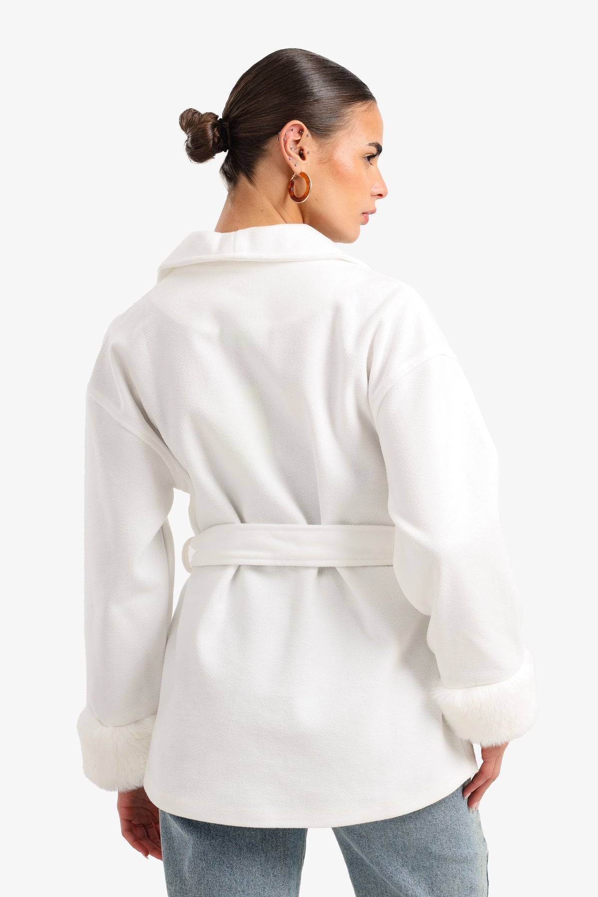 Wool Faux Fur Cuff Wrap Jacket – Off White