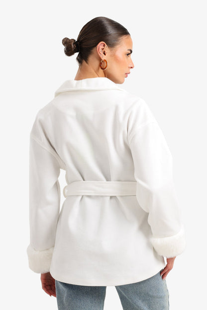 Wool Faux Fur Cuff Wrap Jacket – Off White