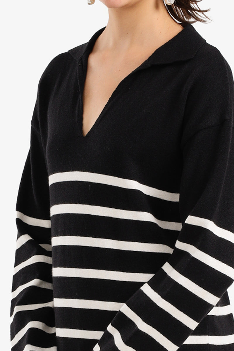 Viscose Striped Knit Midi Dress – Black