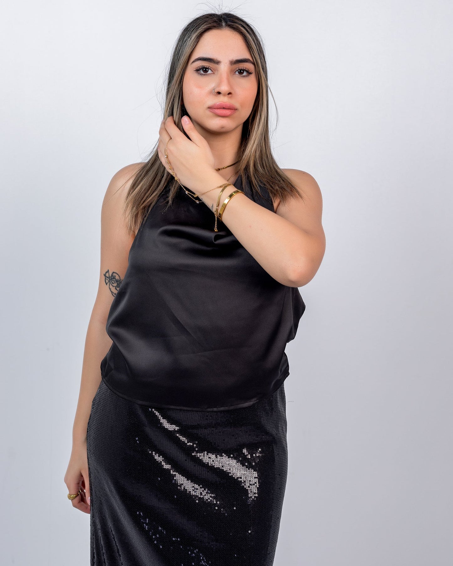 Satin Plain Halter Top – Black