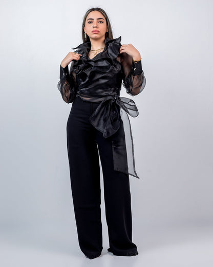 Organza Ruffled Wrap Blouse – Black