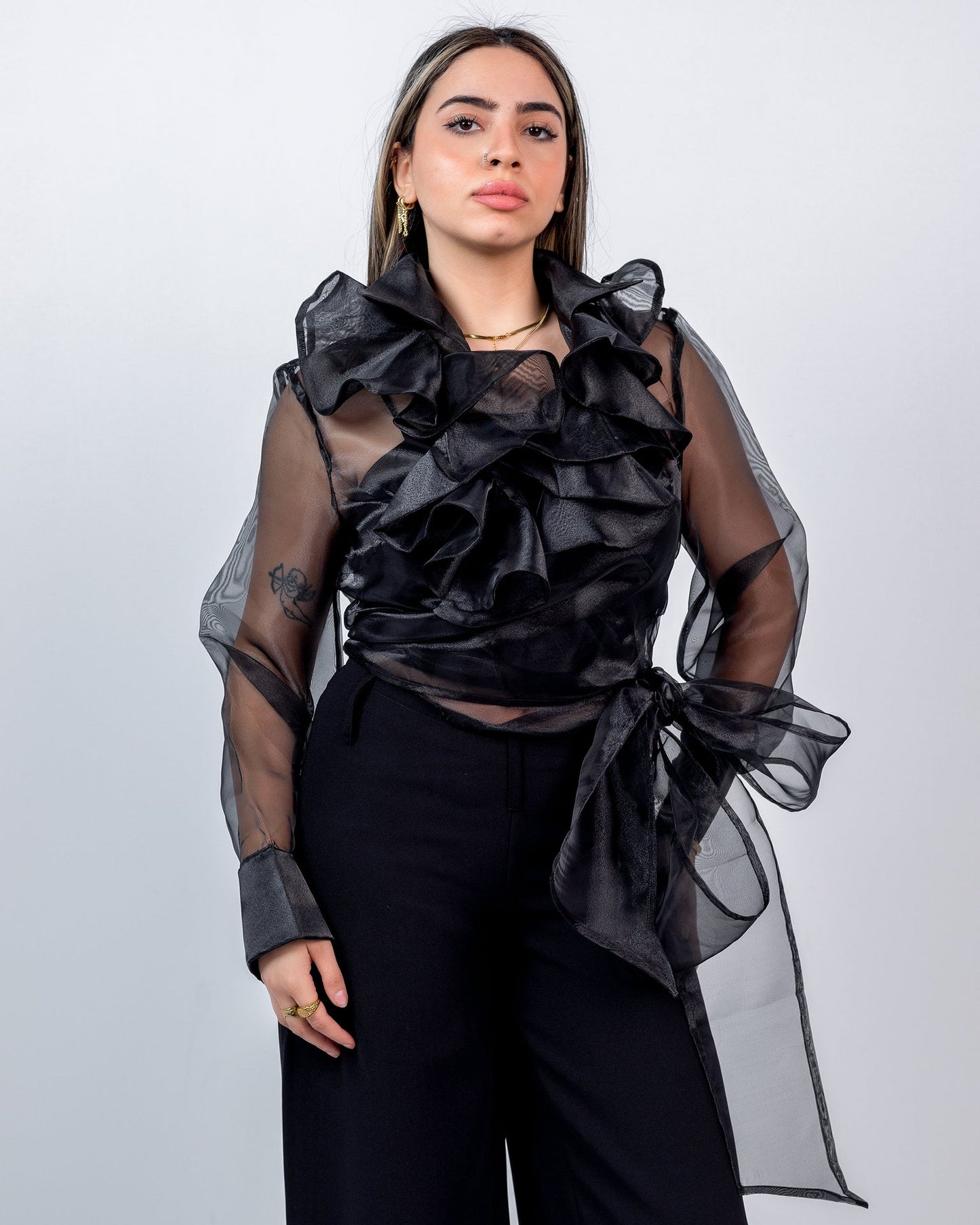 Organza Ruffled Wrap Blouse – Black