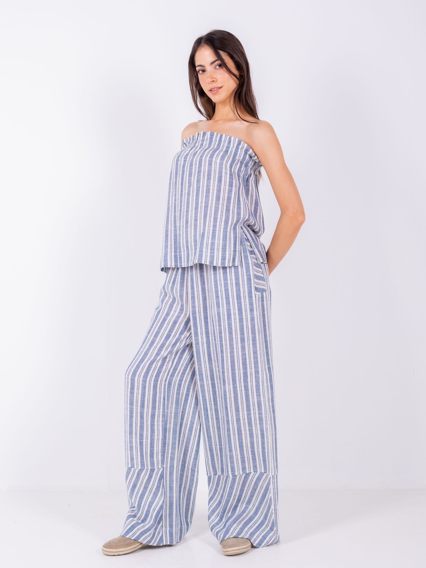 Linen Wide-Leg Striped Trousers - Blue