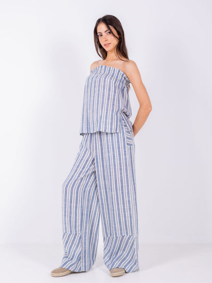 Linen Wide-Leg Striped Trousers - Blue
