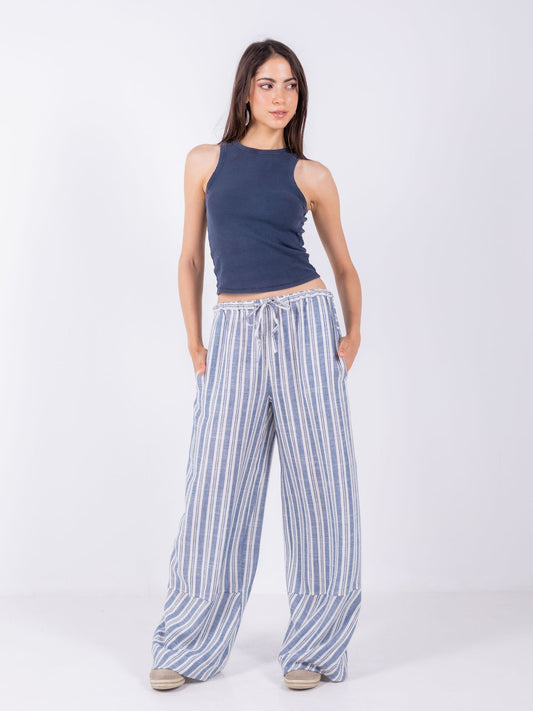 Linen Wide-Leg Striped Trousers - Blue